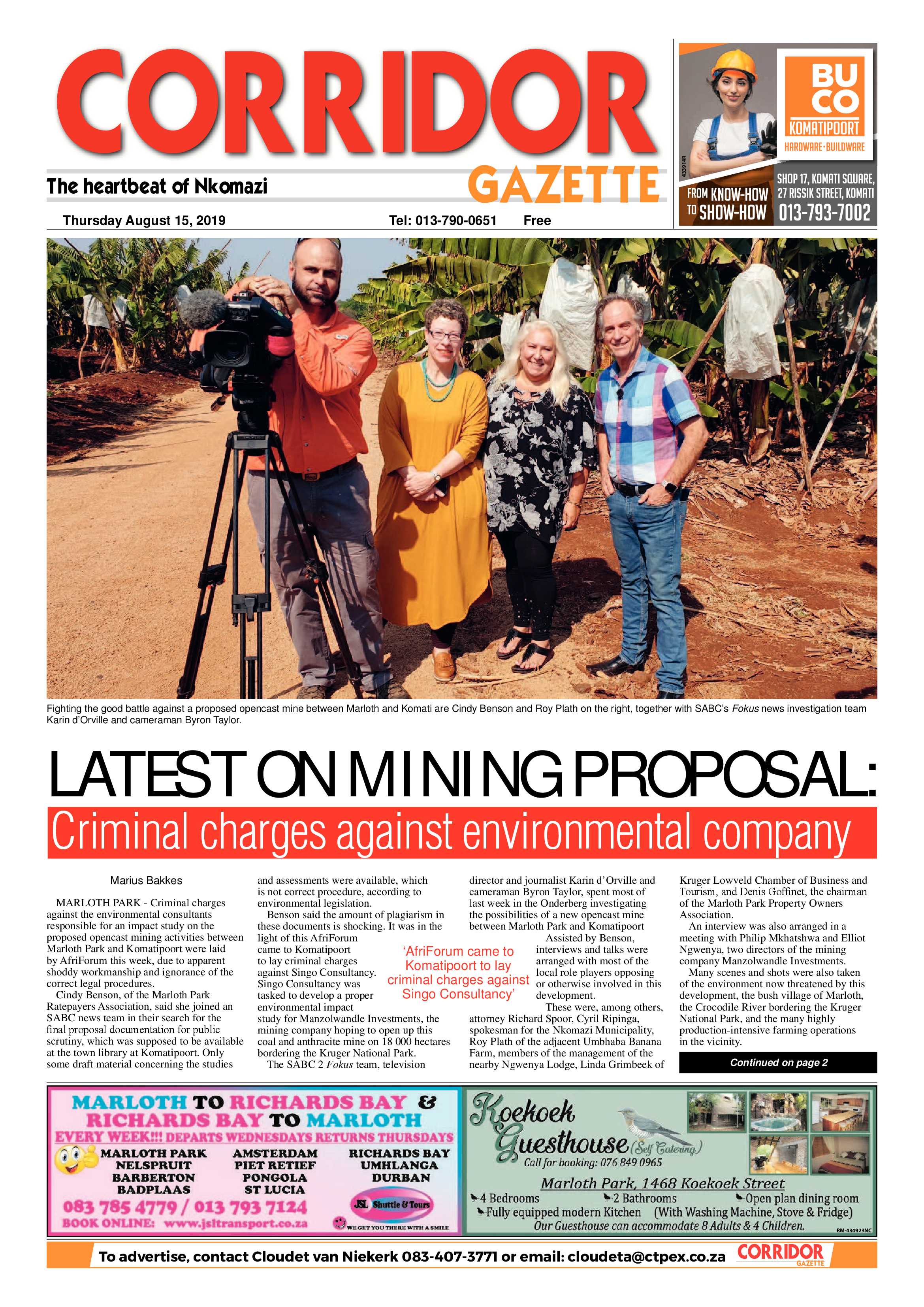 Corridor Gazette 15 August 2019 page 1