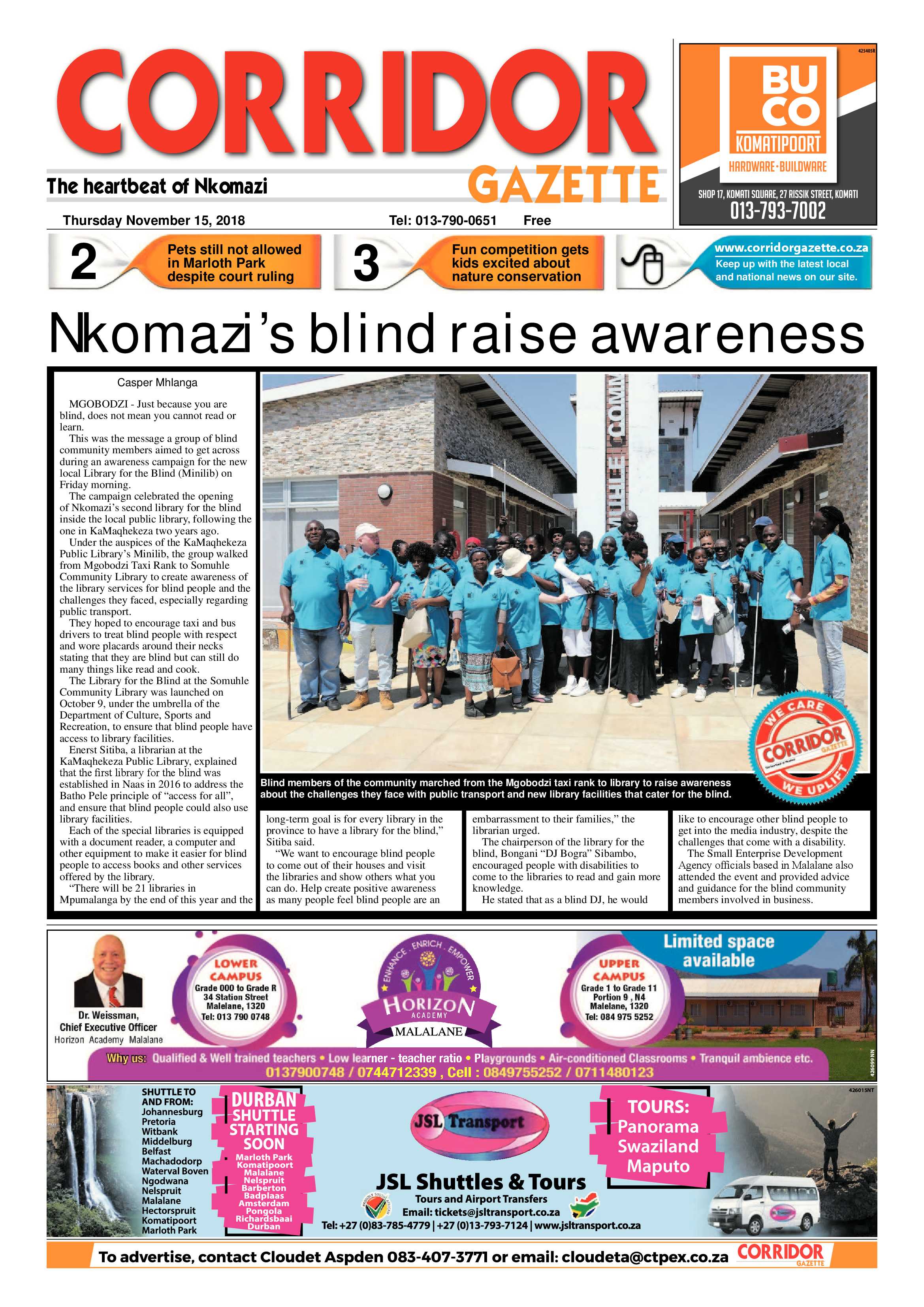 Corridor Gazette 15 November 2018 page 1