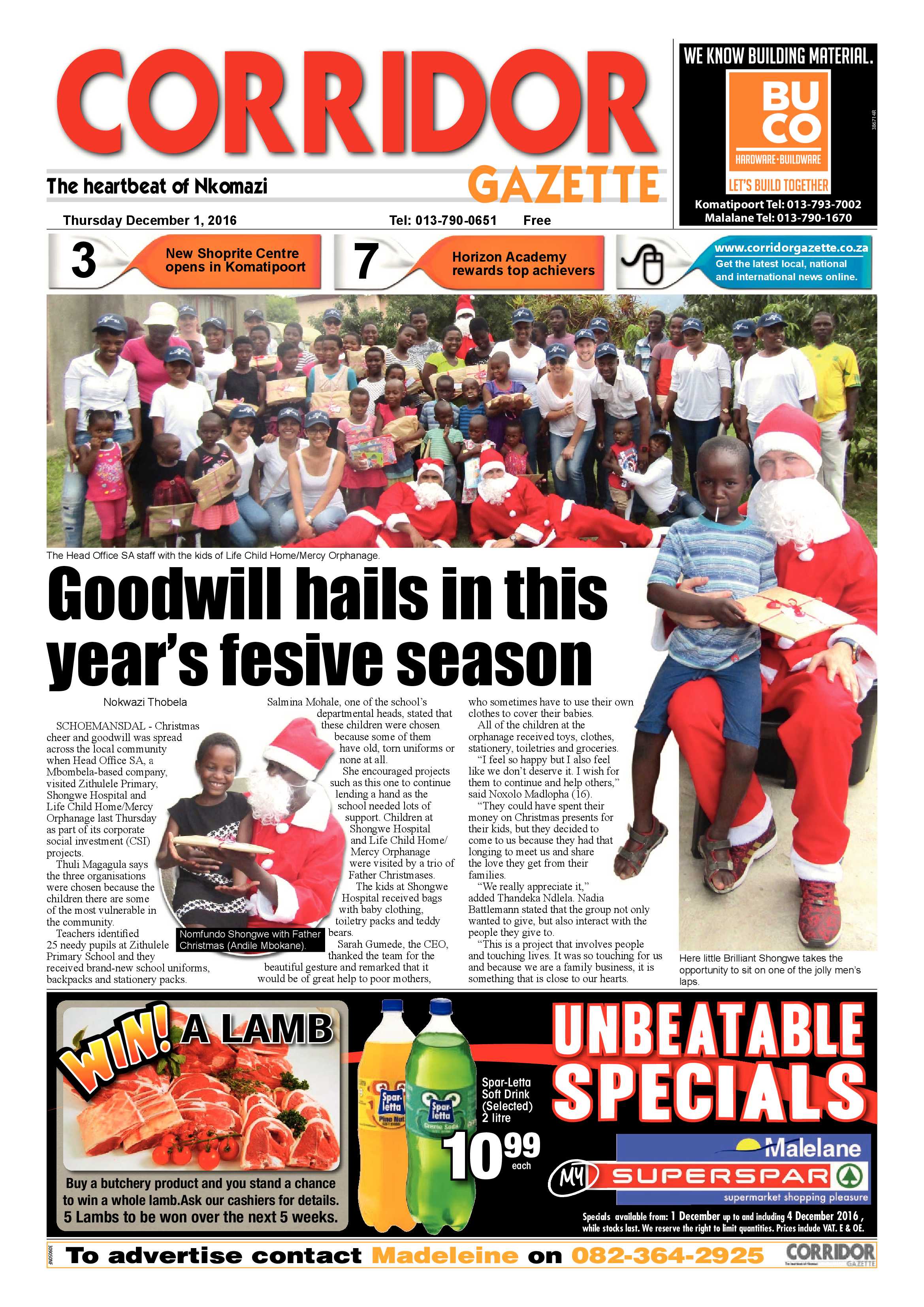 Corridor Gazette 1 Dec 2016 page 1